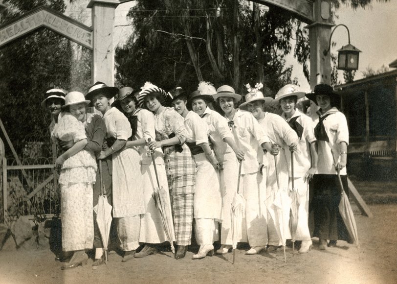Agua Caliente Springs, California, September 1914. One of the many hot springs resorts in Sonoma County's Valley of the Moon. An extremely popular destination for San Franciscans of the time, who could take advantage of frequent and convenient ferry and train connections. Here my mother's older sister Mary, fourth from the right, poses with a group of her friends and their parasols prior to availing themselves of the restorative properties of the hot water baths. Third from the left is Anna Scanlon, who was Mary's maid of honor at her wedding in 1919. Anna can be also be seen on a visit to Mary here, and Mary appears in a family portrait here.
