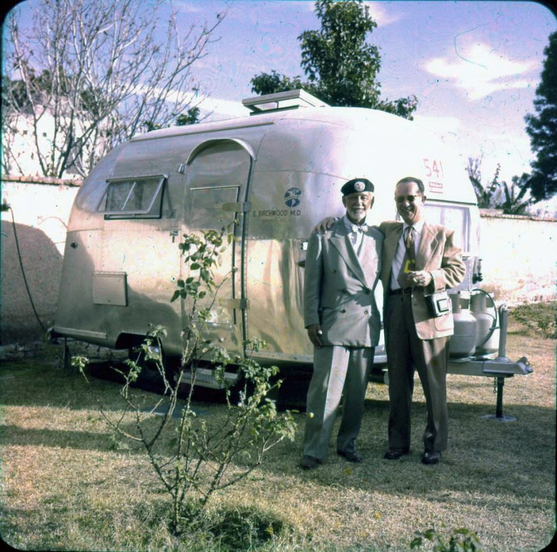 I found in a Miami thrift store approximately 12 metal boxes containing a well organized collection of personal slides documenting a Dr. Eugene Birchwood's lifelong involvement with the Airstream trailer community. Only a single slide had his name written on it and from this I was able to research a small part of his life. He was a doctor based in Chicago. He was employed briefly by Airstream Trailer and document several international tours or roundups in the mid 1950s. Many slides were taken in Mexico and Europe. View full size.
