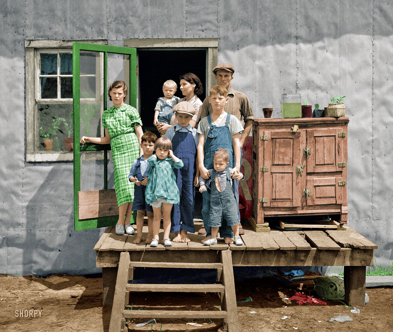 I thought this hardscrabble family could use a little color in their lives. Colorized from this Shorpy original. View full size.