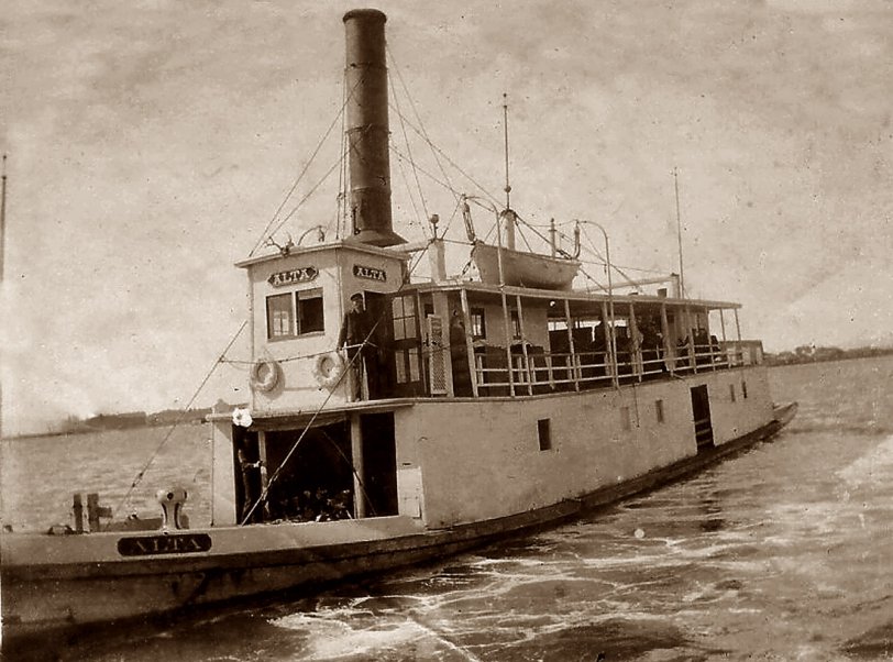 The Alta ferry on Humboldt Bay in California ran between Arcata and Eureka and was owned by the railroad. Taken around turn of century. Photographer unknown.
