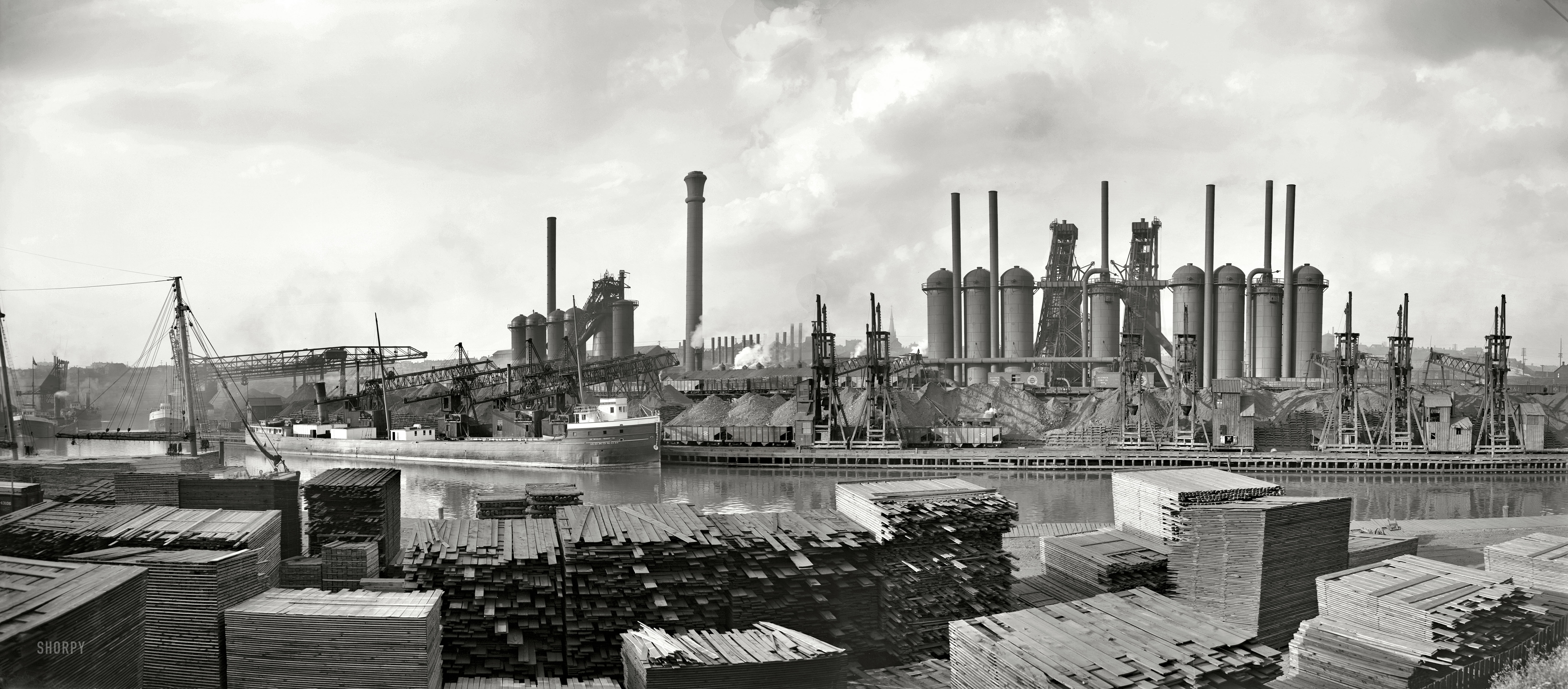 Cleveland, Ohio, circa 1910. "American Steel & Wire Co. plant." Your assignment: Create a diorama of this scene using toothpicks, cotton batting, string and cardboard. Panorama made from two 8x10 glass negatives. View full size.