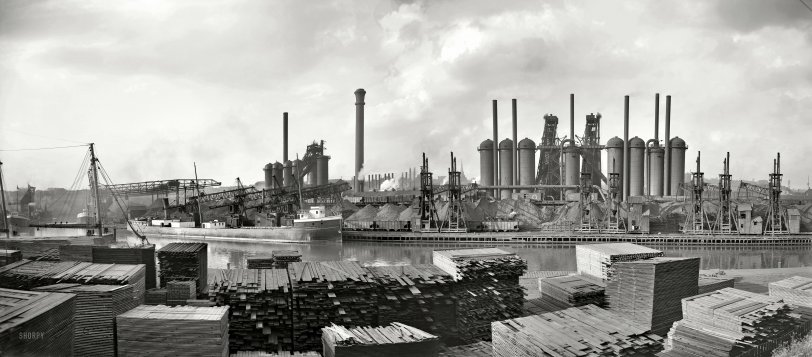 Cleveland, Ohio, circa 1910. "American Steel &amp; Wire Co. plant." Your assignment: Create a diorama of this scene using toothpicks, cotton batting, string and cardboard. Panorama made from two 8x10 glass negatives. View full size.
