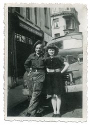 "That’s me and my girlfriend, Estelle Dillon. And that was in Berchem, Antwerp, not long after it was liberated in September 1944."
"During the occupation, she must have been 13 or 14, because she was 16 when I knew her. But, anyway, she was quite young. She used to go out on her bike into the country, and she used to get food and smuggle it back into Antwerp. Now if the Germans had caught her they wouldn't have liked it, putting it mildly! But she said 'I never got caught!'"
-- Uncle Walter Quiney, a teenage tipper truck driver in the R.A.S.C, who had his 19th birthday on the beaches of Normandy a few months before this photo in front of his truck was taken. It's a Canadian Dodge he picked up new from Liverpool Docks earlier in the year, landed in Normandy on D+16, (The storm a week before meant they went back to using landing craft rather than the storm damaged quay) helped clean up Caen and Antwerp, before finally ending up in Berlin a year later, pretty much clapped out!View full size.
(ShorpyBlog, Member Gallery)