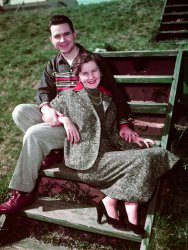 This is a scan from a 4x5-inch transparency that I recently found. It is, quite frankly, the most beautiful picture of my parents that I have ever seen. Here, James Arthur and Elaine "Sally" Garnand Longmore, relax in the sun, in newlywed happiness, and in vibrant color. The year, I believe, is 1953. The photo was taken somewhere in the Washington, DC area. View full size.