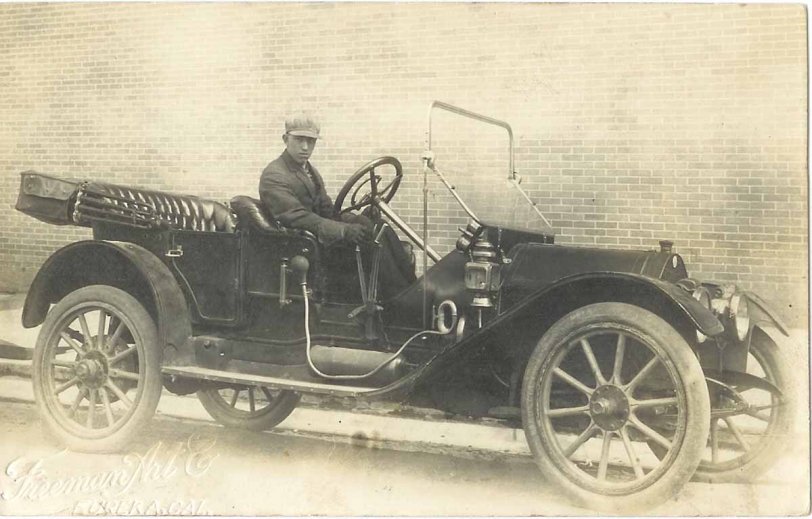 This is a post card from Hydesville, Calif., postmarked in 1912. On the back he talks about his new paint on the car. The photo is by Freman Art Co., in Eureka Calif.
