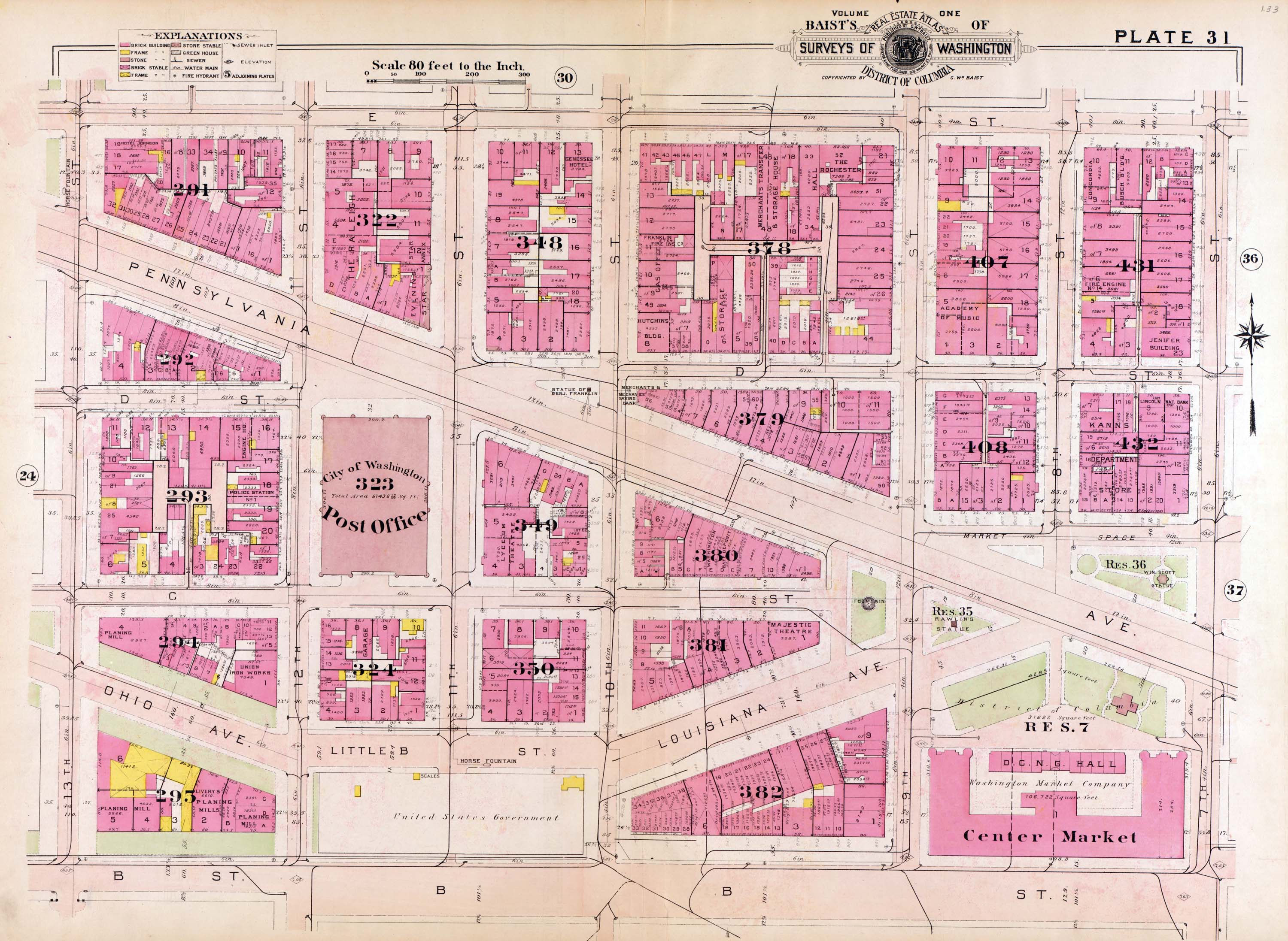 Plate 31 from 1909 Baist's Real Estate Atlas.  This shows the original street layout in the area that would eventually become Federal Triangle.  Of note to Shorpy photographs is the location of Louisiana Avenue, Center Market, and the Old Post Office.