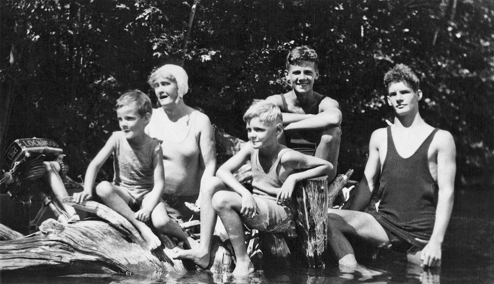 Gloucester Pool, Ontario near Port Severn, at a family cottage, circa 1930. My grandmother and her four sons. My father, Doug, is front and centre. View full size.