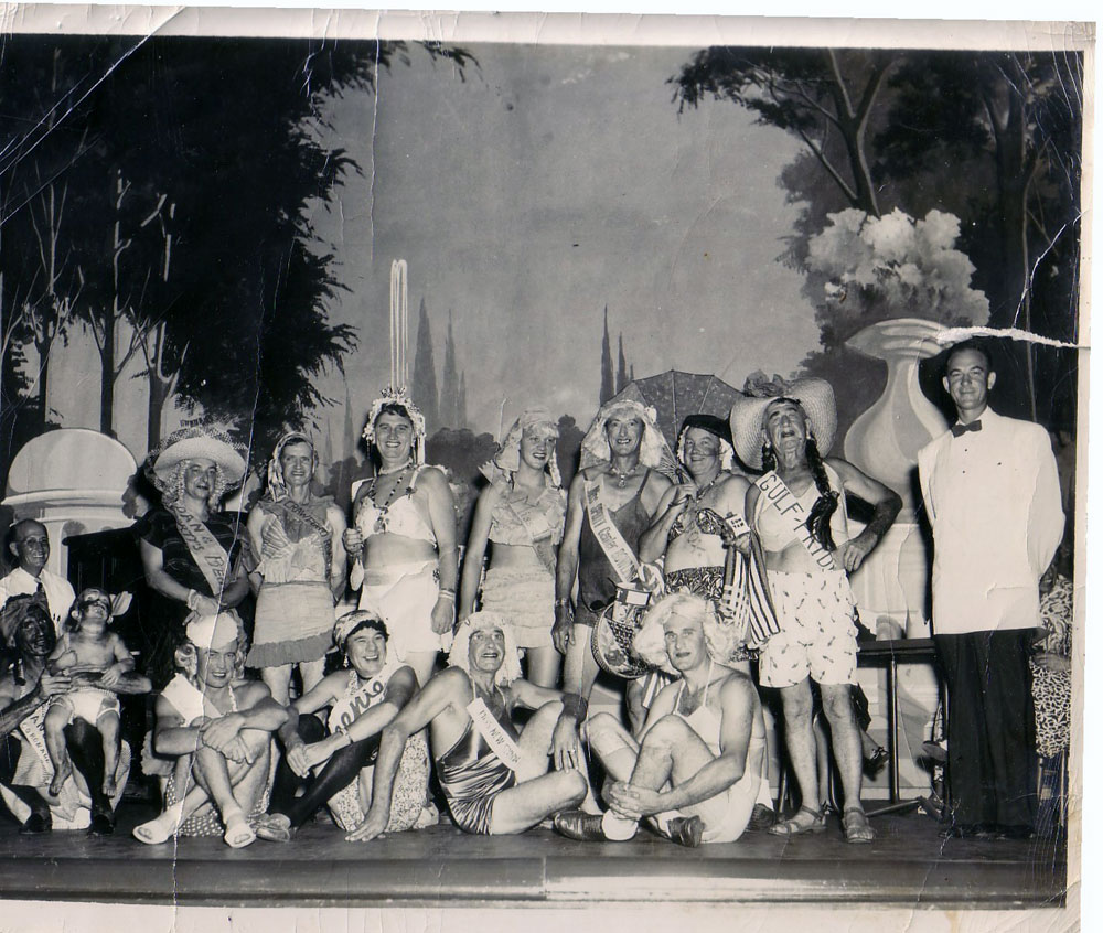 This show was held in July, 1949 in Smyrna Beach, Florida. My father, Clinton L. King, is the man on the left representing Dan and Marty's beer garden. His hair is made from unraveled rope. View full size.