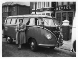 One of a set of three photographs a good friend found for me at a postcard fair.
A party of day trippers visiting Blackpool, Lancashire, in the 1950's.  Their coach is a very early Volkswagen de luxe microbus, more commonly called a 'samba' now. Probably imported into the UK in 1954, when production of RHD models started.  It is sign written 'Gem Luxury Coaches'.
The Lindfield guest house in the background is still operating today. View full size.
(ShorpyBlog, Member Gallery)