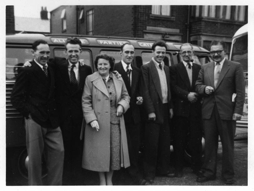 One of a set of three photographs a good friend found for me at a postcard fair.
A party of day trippers visiting Blackpool, Lancashire, in the 1950's.  Their coach is a very early Volkswagen de luxe microbus, more commonly called a 'samba' now. Probably imported into the UK in 1954, when production of RHD models started.  It is sign written 'Gem Luxury Coaches'.
The Lindfield guest house in the background is still operating today. View full size.
