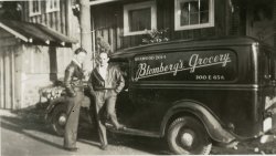 A picture of Paul Blomberg and a friend standing in front of the Blomberg Grocery truck in the late 1930s in Seattle, Washington. View full size.
(ShorpyBlog, Member Gallery)