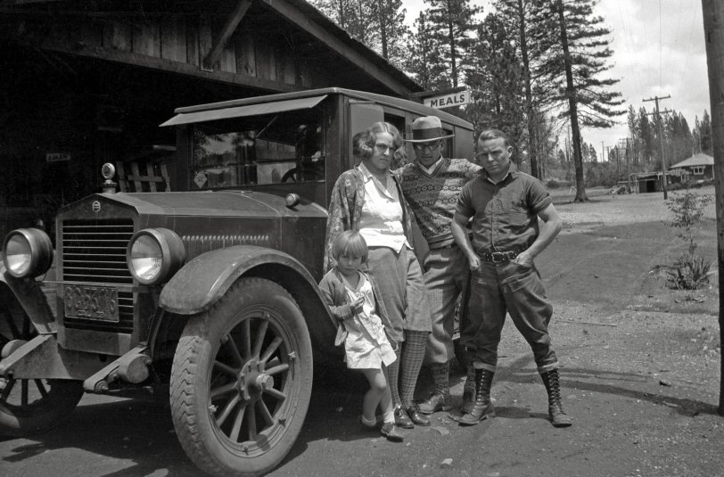 A tough-looking group and their Essex sedan somewhere in Northern California in 1929. From a box of negatives found in a thrift store. View full size.
