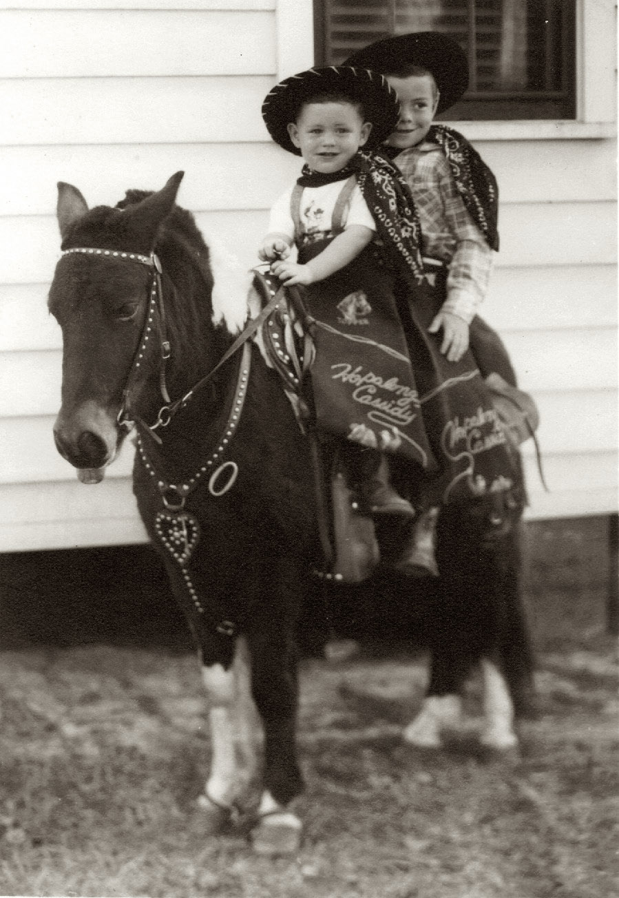 I am in the front and my brother behind me, on a long-suffering photo pony, in Gulfport, Mississippi, circa 1952. Actually, I have always been a Gene Autry fan. View full size.