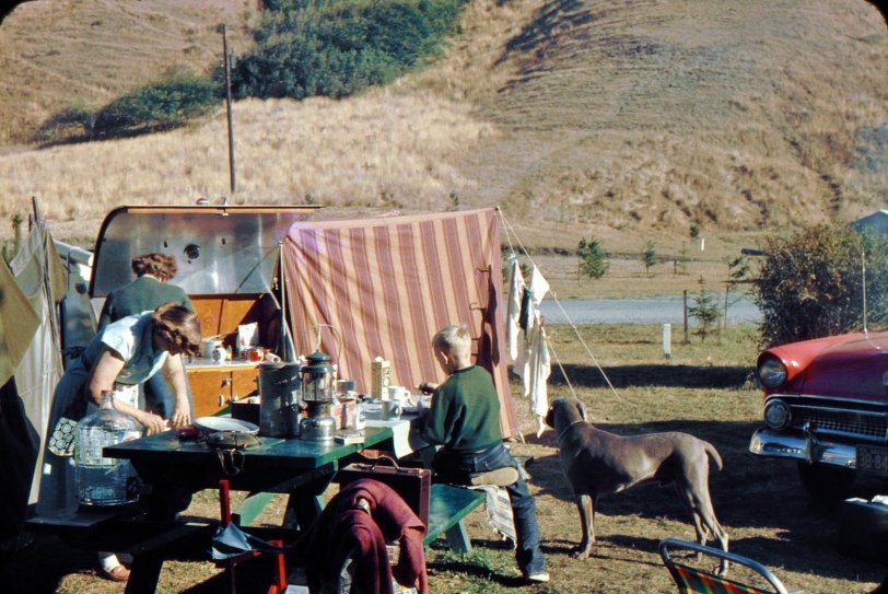 Here we see Bill Bliss and his family camping in what I've deduced is probably Oregon in the 1950s as the plate on the right is an Oregon plate and the surrounding terrain in other photos suggest a north coast vacation. Scanned from the Anscochrome slide. View full size
