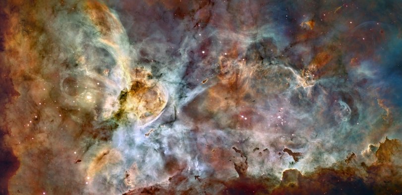 Just in from NASA, a spectacular image assembled from 48 frames taken by the Hubble Space Telescope of the Carina Nebula 7500 light-years away, which means we are seeing these stars as they were in 5500 BC — making this the oldest picture on Shorpy so far. The bright star at left is Eta Carinae, which can be seen throwing off two enormous lobes of gas prior to exploding — possibly in the next few thousand years, maybe tomorrow — as a titanic supernova. We're offering this as a JG fine art print, made using NASA's 480mb master file.