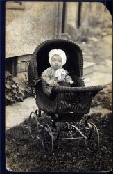 My Uncle, Grant, was born in 1915 so this picture would be c. 1916. I believe the carriage was made in Binghamton, New York as there was a wicker worker business there. The original picture is five by three inches on a cardboard backing. View full size.
(ShorpyBlog, Member Gallery)