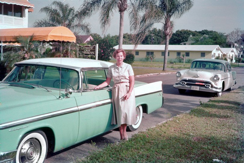 1956 Chrysler and owner at the Crescent View Apartments, somewhere in Florida. 35mm Ektachrome transparency. View full size. This is the sensible-looking kind of lady who ran the world when I was a little kid - growing up in Florida!