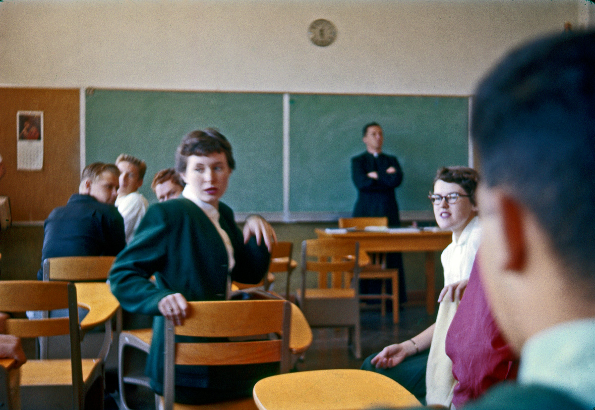 1955. My brother loads his trusty Lordox with Ektachrome and sneaks it into his high school classroom.