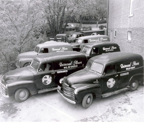 Universal Floors, Inc. in Washington, DC, at 5500 MacArthur Blvd NW, circa 1957. The '49 Chevys were purchased used from the U.S. Post Office. View full size.
