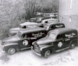 Universal Floors, Inc. in Washington, DC, at 5500 MacArthur Blvd NW, circa 1957. The '49 Chevys were purchased used from the U.S. Post Office. View full size.
(ShorpyBlog, Member Gallery)