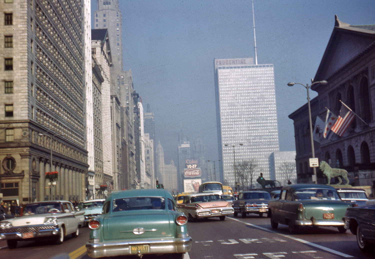 Chicago, Illinois, circa 1962. At 10:27 a.m. Looking north along Michigan Avenue at Adams Street, with the Chicago Art Institute on the right. View full size.