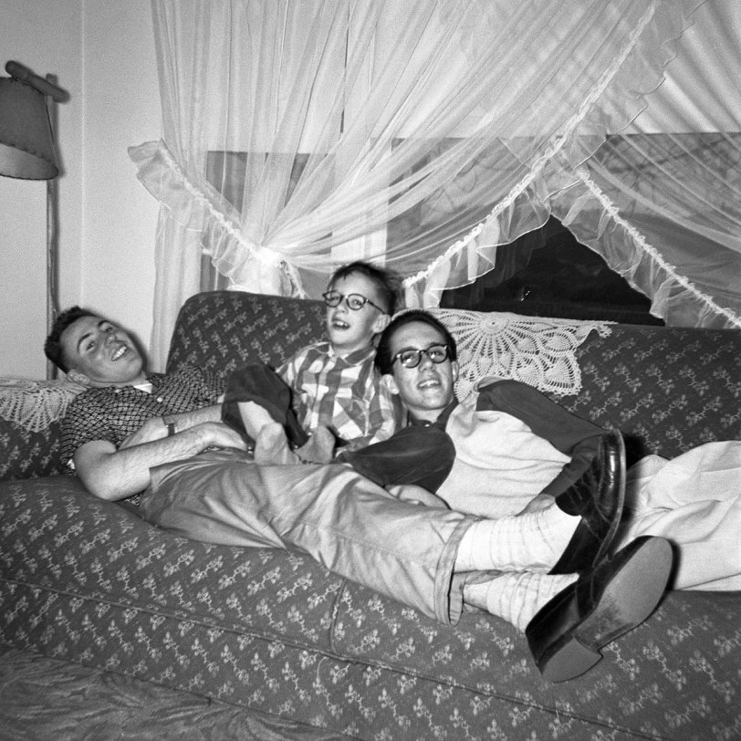 December 28, 1954. Me in the center, my brother right and my godmother's son Alfred at the left. At my grandparent's house in Calpella, California. Also: Grandma's crocheted antimacassars. Photo by my sister. View full size.
