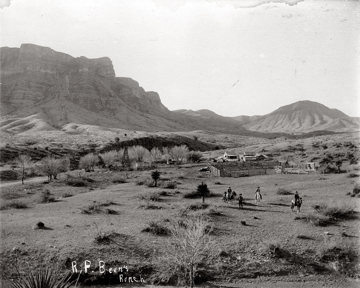 The R.P. Bean Ranch, with four cowboys and three horses, near Van Horn, Texas, c. 1910. View full size (Courtesy Portal to Texas History).
