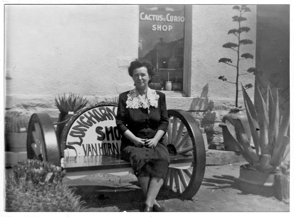 Mrs. Mable Clark sits in the native cactus garden outside the Clark Hotel and its Cactus and Curio Shop in Van Horn, Texas, c. 1940.  The building now houses the Clark Hotel Museum, along the Texas Mountain Trail in Far West Texas. (Courtesy Portal to Texas History).