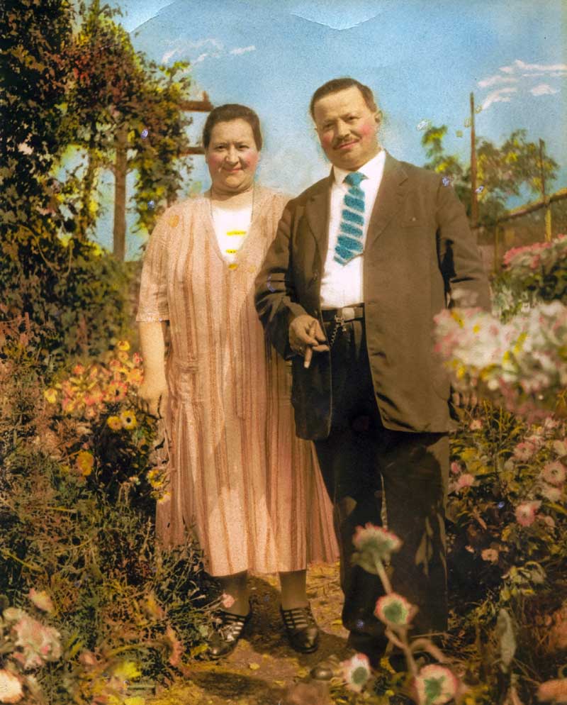 My grandfather's grandfather, Christian F. Bader, and his second wife, Anna E. Bader, on their farm at Ironsides, near Phoenixville, Pennsylvania sometime in the 1930s.  Note the stogy in his right hand.  Hand-colored silver-gelatin print. View full size.