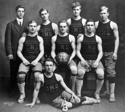 The Central High School, Philadelphia PA, basketball team for the 1911-12 season. My paternal grandfather, Robert Gangwisch, is the dapper young man with the stiff collar on the left. This is sort of a companion picture to Dave's post showing the Baldwin Locomotive Works with the CHS in the background. View full size.
(ShorpyBlog, Member Gallery)