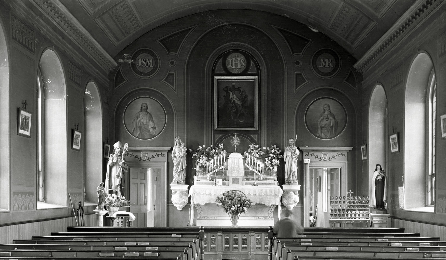 Interior of unknown church or date. People need to record better than they did. Still a neat interior shot. From my negatives collection. View full size.