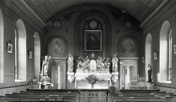 Interior of unknown church or date. People need to record better than they did. Still a neat interior shot. From my negatives collection. View full size.
St Patrick&#039;s ?Catholic church/chapel obviously. The large statue on the left is St. Patrick. May be a clue to the name of the church. Oh, and there are carved harps over the doorways. Another clue. There appears to be some sort of "Adoration" as the large cross on top of the repository is holding a Host. There is a parishoner in the front right pew, appears to be wearing a hat, so a woman. This is so typical of Catholic churches/chapels all through the 1900s 'till the end of the 50s.  Photo likely taken in the 1950s.
The statue on the rightThe statue on the far right is St. Therese of the Little Flower. I attended Little Flower grade school for eight years and that same statue had a similar position in our church. 
BeautifulWhat a lovely church. I wonder if it stands today in this condition?
(ShorpyBlog, Member Gallery)