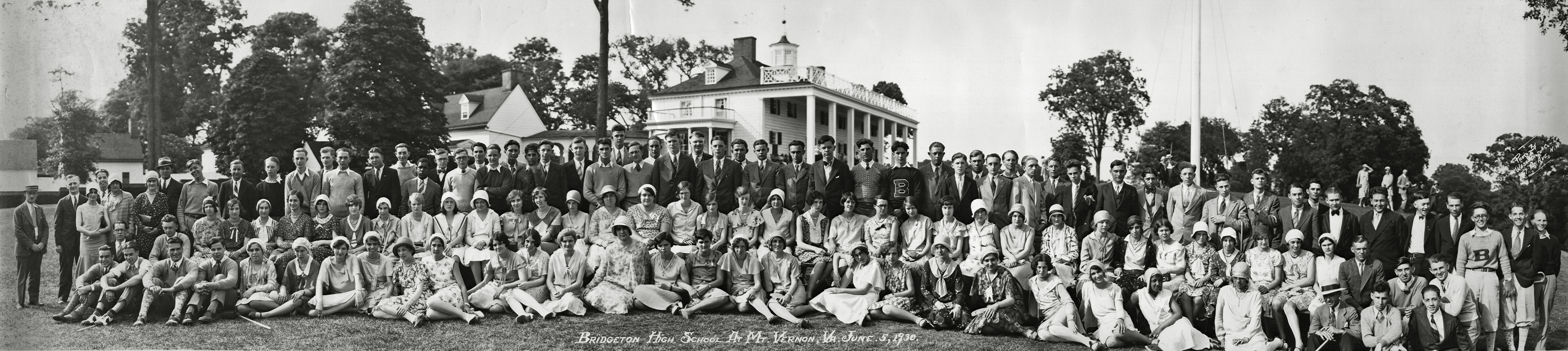 Panoramic photo taken of Bridgeton High School students at Mt. Vernon, Virginia on June 5, 1930.  Original picture was taken with a Cirkut panoramic camera and is approximately 9" x 40" (these pictures were often referred to as "yard-longs"). View full size.