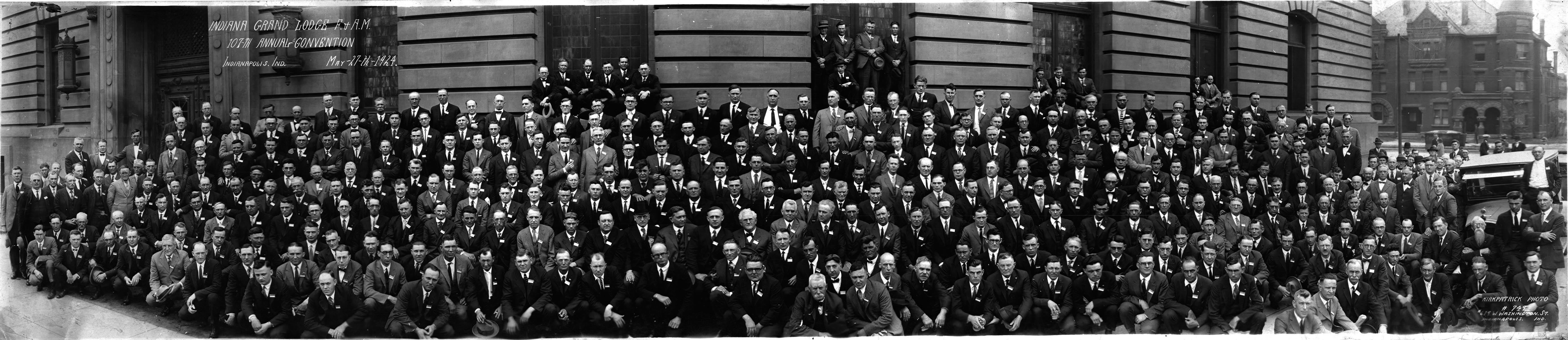 107th annual convention of the Indiana Grand Lodge of the Free and Accepted Masons, in Indianapolis, Indiana, May 27th, 1924.  Photo taken with a Cirkut #10 panoramic camera, original size is approximately 10" by 45" (these kinds of pictures were informally referred to as "yard-longs"). View full size.