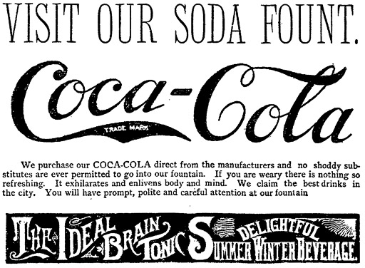 A very early use of Coca-Cola's now-familiar Spencerian script logo (at least the earliest example we could find in a newspaper archive of more than 64 million pages) was in this April 15, 1894, ad for the Douglas, Thomas &amp; Davison soda fountain in Atlanta, birthplace of Coke and home of the new Coca-Cola museum. [Credit: NewspaperArchive.com]

