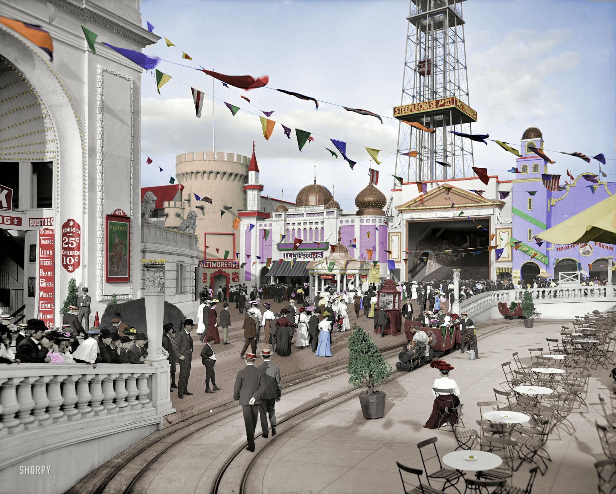 I saw this photo on your site a while back.  I like the detail of the image, so when I started messing around with an image editor, I decided I would like to try to color it.  I looked up colored postcards of Luna Park, only to discover that this was Dreamland Amusement Park and it had burned to the ground 7 years after it was opened.  Its design and decor was also panned in the press as being mostly white and drab, so I held back adding too much color to the buildings, but brightened it up as much as I could.  Even the postcards show most everything is white. View full size.