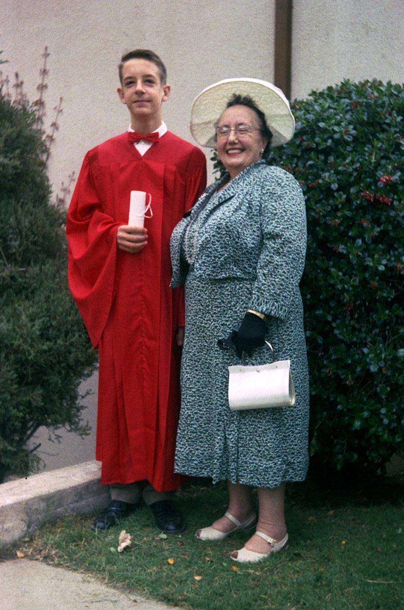 Well, I missed the 49th anniversary of this photo, taken on April 23, 1960 outside St. Patrick's Church in Larkspur, California after my Confirmation. That's not Sophie Tucker, it's my godmother, a very sweet lady of whose eye I was the apple. Scanned from a 35mm Kodacolor negative shot by my brother. View full size.