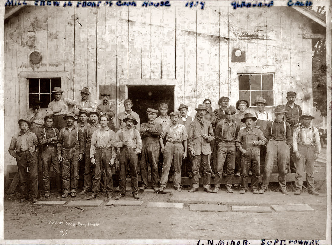 Logging crew at minor mill cook house in Glendale, Humboldt County, California. 1904 photo by Seely Bros.