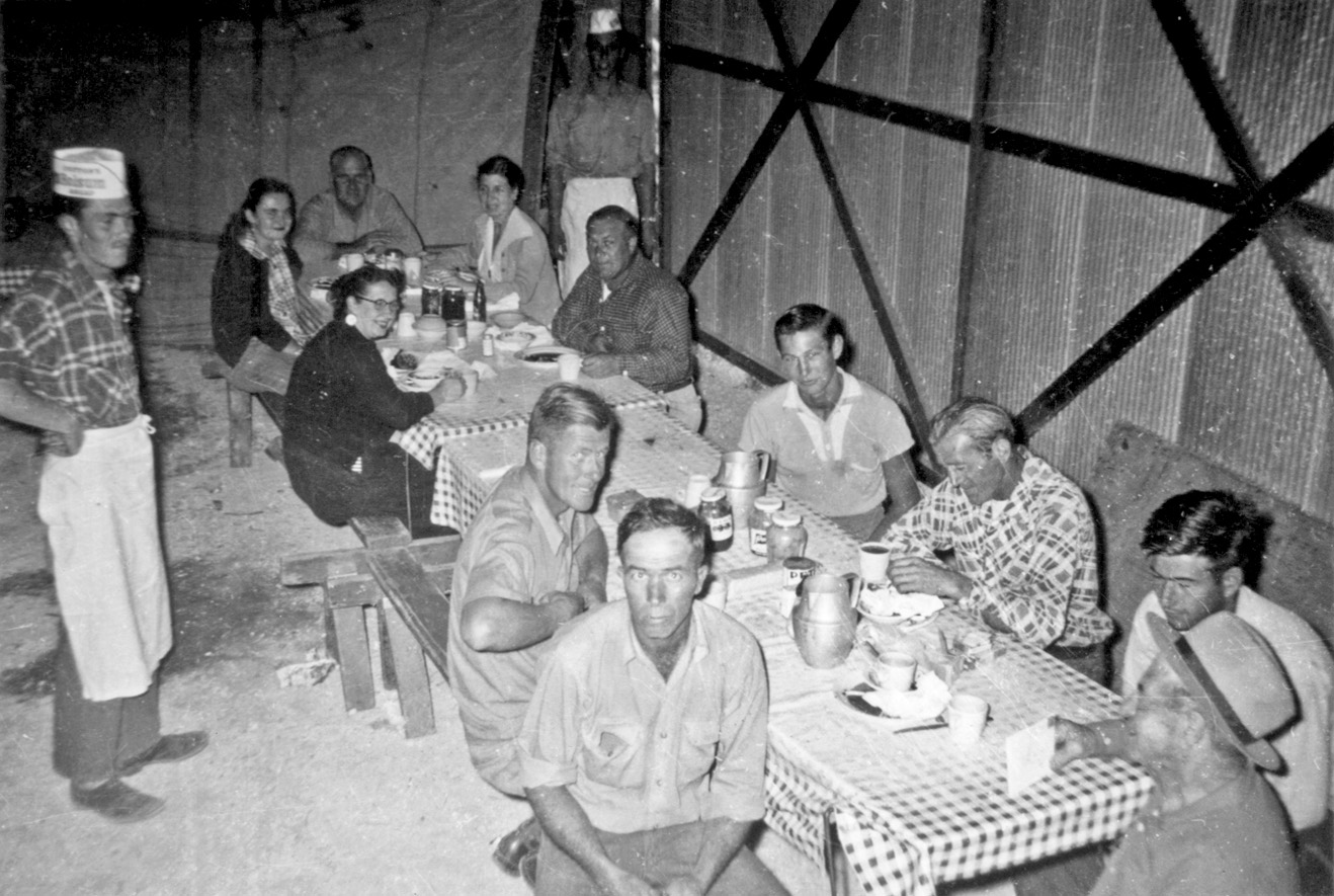 Circus cookhouse in winter quarters, Harlingen, Texas. My wife, her mother and father are at the far end of the table. View full size.