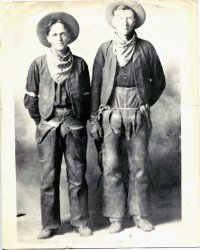 On the right, my grandfather, Albert  W. Perkins, b. 1890, a real working cowboy, taken we think in 1918. His friend to the right is unnamed. Taken in Nebraska. View full size.
(ShorpyBlog, Member Gallery)