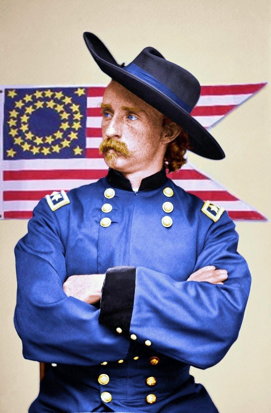 General Custer borrowed from Shorpy. I have colorized the photo and added a civil war cavalry flag. View full size.