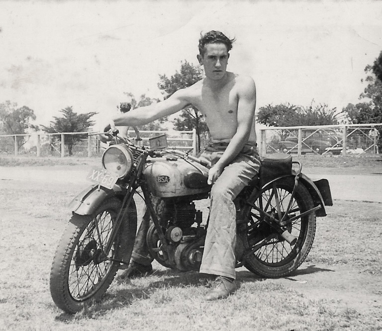 1950s Dad on single thumper BSA. Note the bald front tire. View full size.
