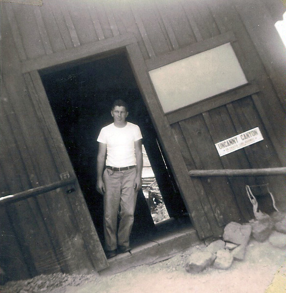 This is my dad, at Uncanny Canyon in Southern Oregon. I assume that the picture was taken by my mother, the year was 1954. Uncanny Canyon was located in Oregon on the Crater Lake Highway about halfway between Gold Hill and Crater Lake. Being so close to the Oregon Vortex (House of Mystery) it generated a bit of a vortex rivalry. The rivalry ended when Uncanny Canyon was submerged after the completion of the Lost Creek Reservoir in the late 1970s. View full size.