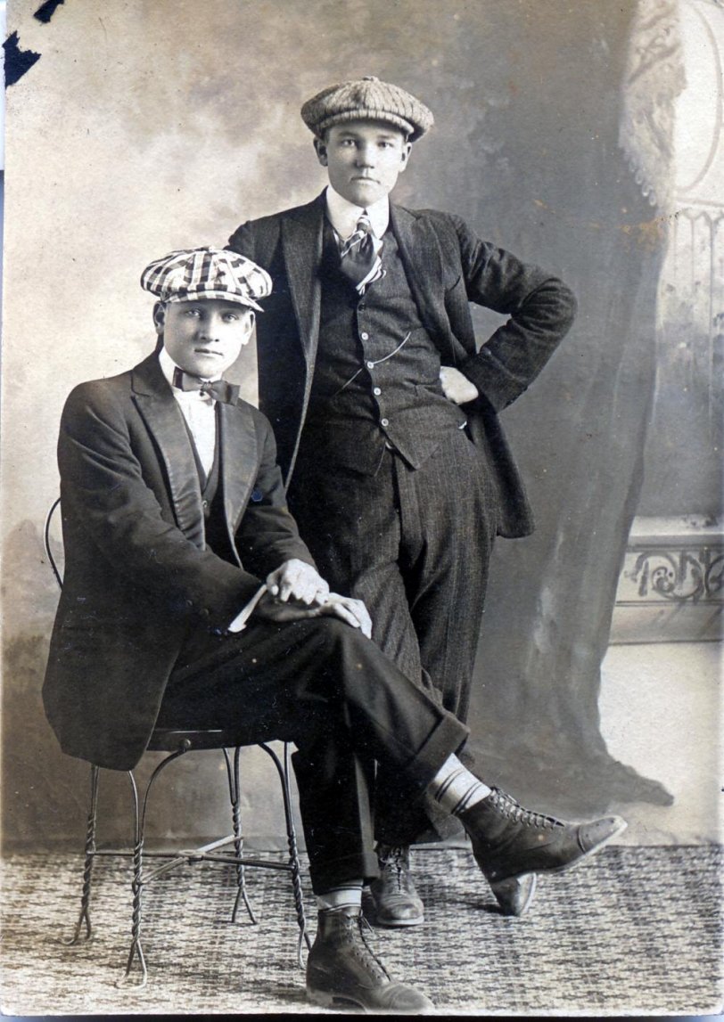 Another from my grandmother's collection. Not sure who they are, looks like was taken early 1910's. I like the hats on both these guys. View full size.
