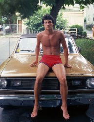 The street behind my Massachusetts house in 1977, with brother Dave on the hood of my uncle's Plymouth Duster. What a great car; we all took turns driving it. Those were the days. 4x5 Ektachrome. View full size.