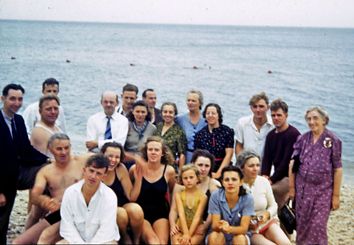 Continuing the archeological excavation of my father's slides, we find ourselves soaking wet, and in the company of a group which may include some of the youth group seen recently (https://www.shorpy.com/node/6042). Guess Dad's behind the camera, but that's his father, Steve, wearing the blue stripped tie. His mother, Elsie, is two to the right (green dress); her sister, Marcella Anna Peiser is in the dark blue dress. Between the two sisters is Aunt* Luna Depp (tentative identification); Her husband, Pete, is bottom left (dark trunks). Kodachrome, Kodak Retina, likely late '30s, vicinity of Newark, NJ, possibly Cherry Beach on the north shore of Long Island. View full size.

*actual relationship not determined.

Steve Miller
High and dry someplace near the crossroads of America
