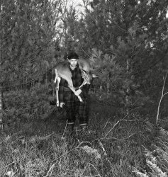 From the hunting cabin series. This is a successful deer hunter. Hopefully he didn't have to travel too far with this one. From my negatives collection. View full size.
(ShorpyBlog, Member Gallery)