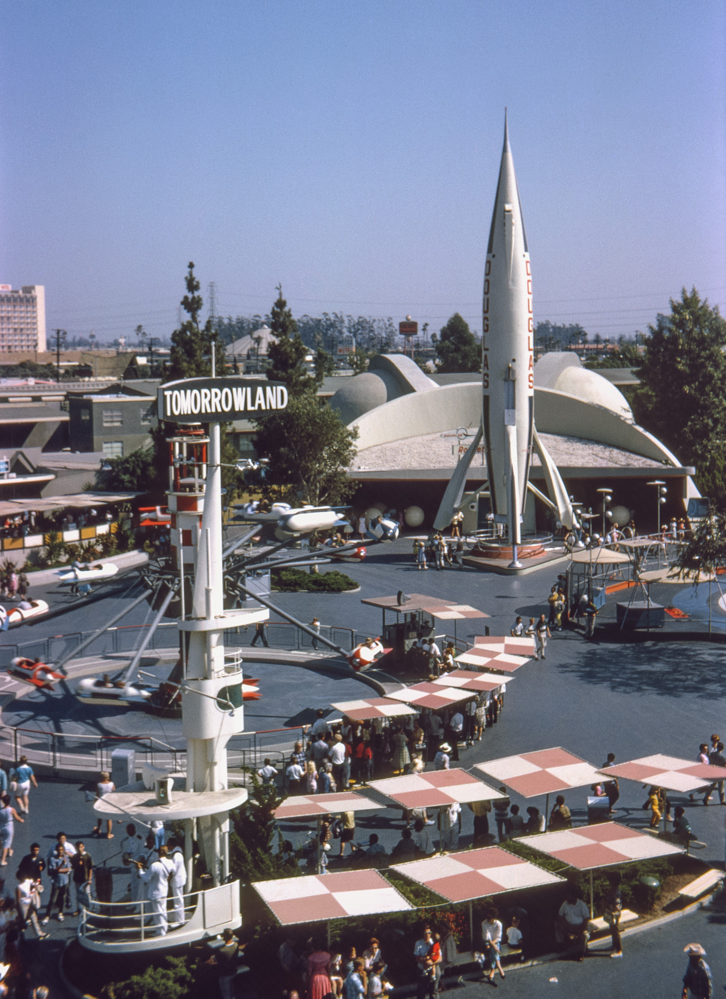 Disneyland, back when Tomorrowland was all about rocket ships. Two years later, the Moon Ride was still there, but the rocket was gone. My Kodachrome slide, taken from the late lamented Skyway gondola ride, itself dismantled in 1994.