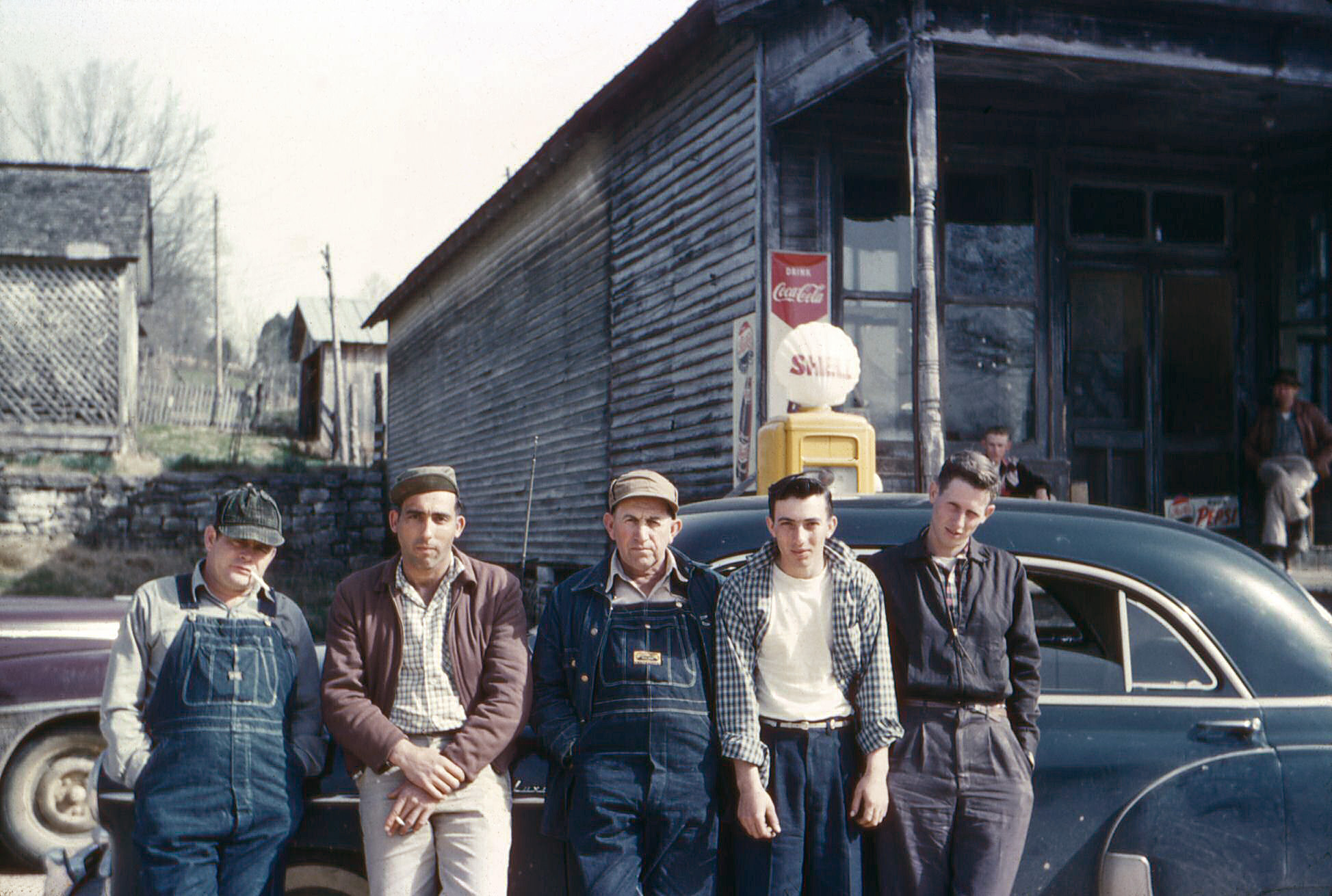 This motley crew includes two of my uncles on the far right. The photo was taken by my father about 1960 in Leatherwood, Tennessee, in Hickman County. View full size.