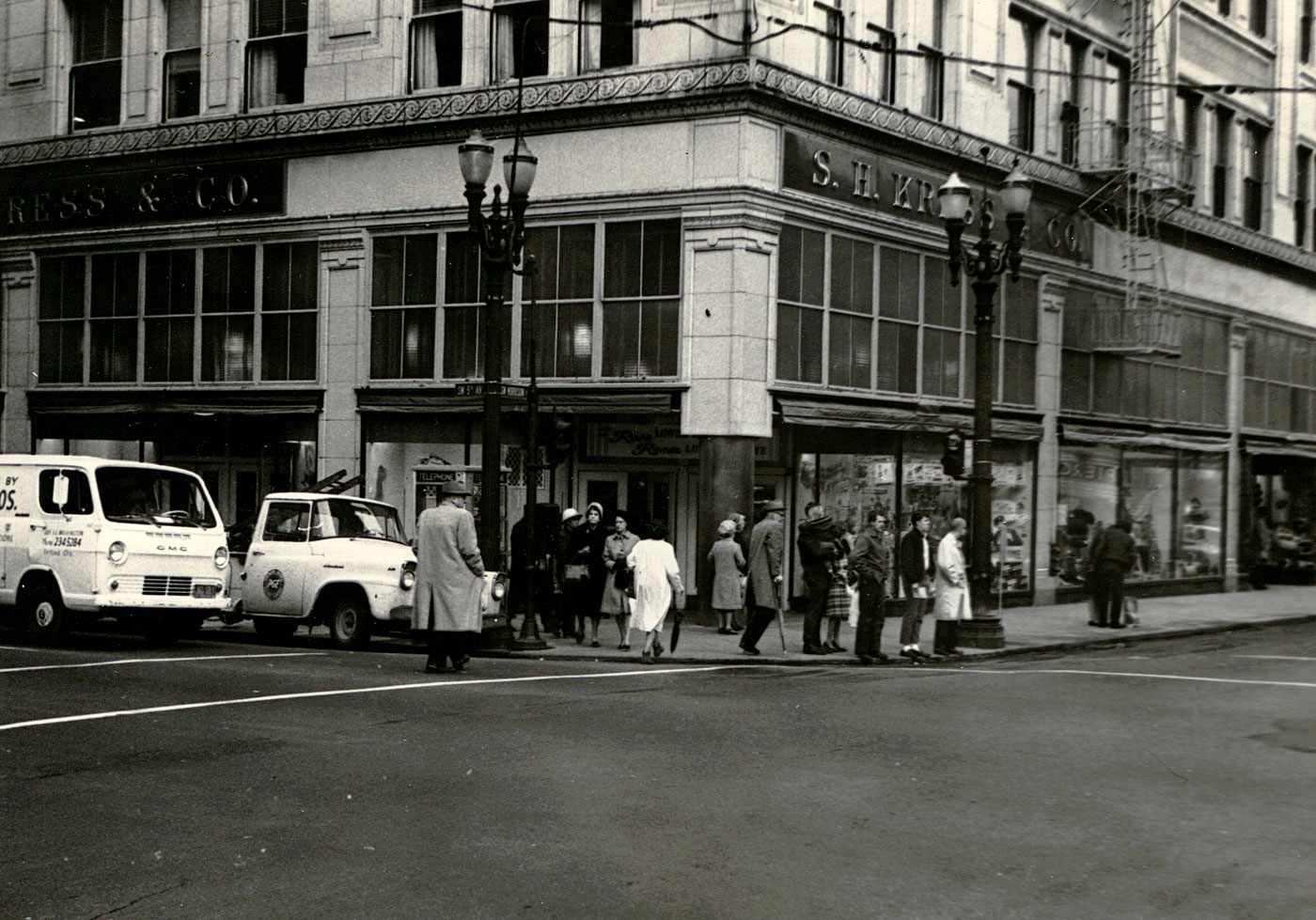 Taken in downtown Portland, OR, in mid 1960s. The Kress's on the corner is now a Williams-Sonoma. View full size.
